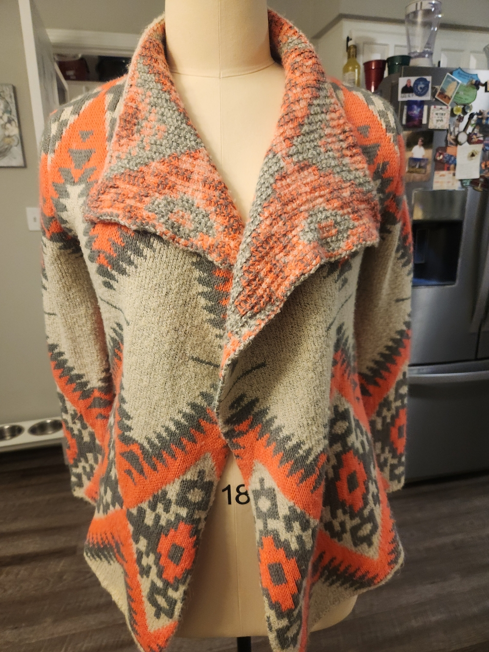 Open-Front Aztec Knit Cardigan in Coral and Gray
